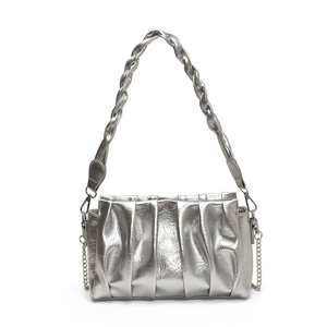 Minimalist silver pleated cloud shoulder bag with metallic finish and chain strap