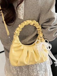 Sac nuage plissé jaune clair avec nœud en dentelle et chaîne perle, sac à bandoulière