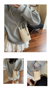 Detail of woven mini crossbody bag in cream white featuring textured V-pattern leather