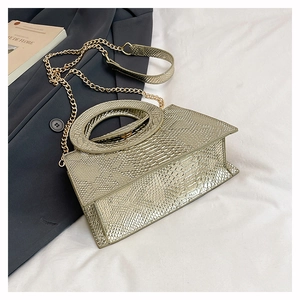 Close-up of metallic snake skin texture and gold chain strap on stylish handbag