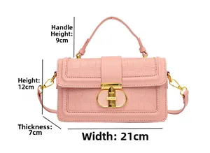 Detailed view of pink croc-embossed box bag with dimensions 21x12x7cm and metal lock