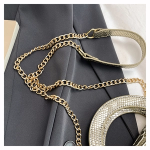 Detail of champagne gold snake-embossed handbag with round handle and gold chain strap