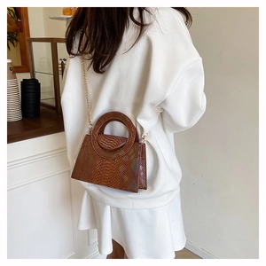 Detail of a brown snakeskin pattern handbag featuring a unique round integrated handle