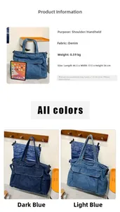 Detail view of denim tote bag specs, 0.59kg weight and dimensions 44.5x17.5x36cm