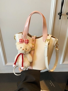 Elegant PU Leather Glossy Bucket Bag For Women Fashion Handbag With Plush Bear Charm Adjustable Strap Vintage Style Bag
