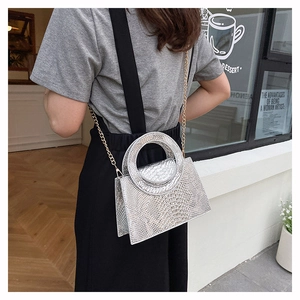 Detail of silver crocodile-embossed handbag with round metal handle and gold chain strap