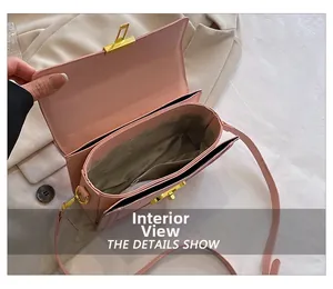 Internal view of pink box bag showing golden buckle, lining and interior pocket