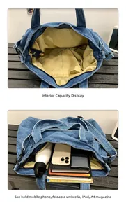 Spacious denim tote bag interior showing large capacity for iPad, magazines and umbrella