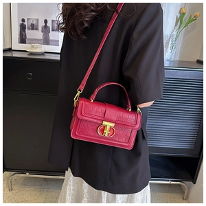 Red crocodile pattern box bag worn over the shoulder by a model in an artistic room