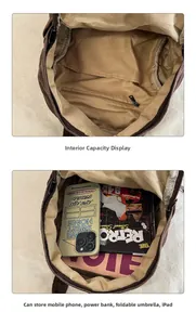 Detailed view of the brown canvas backpack interior showing the organized storage compartments