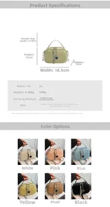 Vue détaillée du mini sac bandoulière tissé avec dimensions et options de couleurs variées