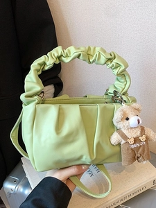 Women Simple City Ruched Cloud Crossbody Bag PU Leather Pleated Handbag With Cute Bear Charm Summer Fashion Shoulder Bag