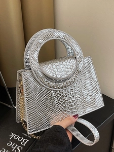 Silver snakeskin texture handbag with round handle and golden chain strap for women