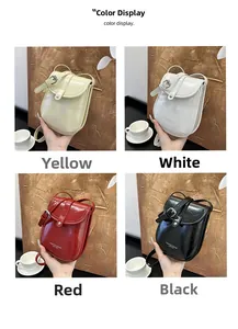 Compact crossbody phone bags shown in yellow, white, red, and black shiny leather options