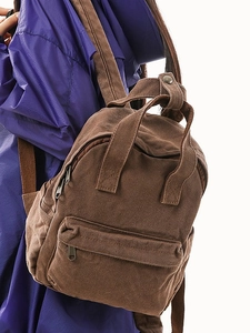 Women Canvas Backpack Retro Casual Mini School Bag Top Handle Handbag Stitching Detail Versatile Daily Travel Daypack