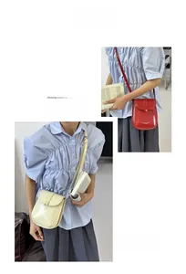 Mini flap crossbody bags in glossy red and beige, styled for casual daily wear