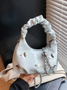 Sac Bandoulière Femme Poignée Plissée Décoration Papillon Métal Sac Hobo Demi-Cercle Avec Chaîne Sac à Main Mode PU