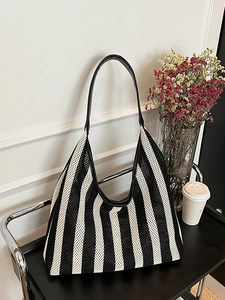Sac Fourre-Tout Tissé à Rayures pour Femmes Patchwork en Cuir PU Sac à Bandoulière de Grande Capacité pour Trajet Vacances Hobo