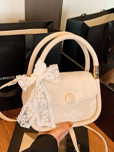 Fashion Women PU Leather Small Square Bag With Lace Bow Sweet Handbag Crossbody Shoulder Bag Mini Top Handle Purse
