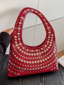 Damen PU Leder Nieten Achseltasche Mode Punk Hobo Schultertasche Große Kapazität Einfarbig Handtasche Mit Silbernen Nieten