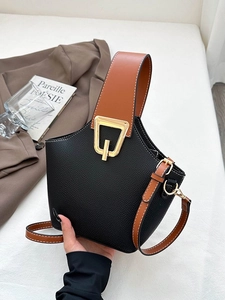 Borsa a Secchiello Donna in Colore a Contrasto Design di Nicchia Borsa a Mano in Pelle PU Moda Casual con Fibbia Dorata