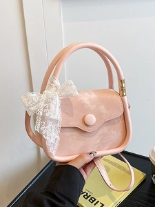 Pink structured mini square bag with lace bow and leather texture for women