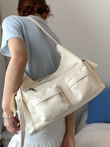 Women Large Capacity PU Leather Tote Bag Multi Pocket Streetwear Shoulder Crossbody Bag Adjustable Strap Retro Commute Handbag