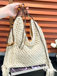Sac Cabas Vintage Bohème Tissé À La Main Pour Femmes Avec Glands Et Perles En Bois Sac À Bandoulière Crochet Plage