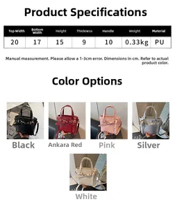 Size chart for mini PU leather handbag showing 20cm width and 5 trendy color options