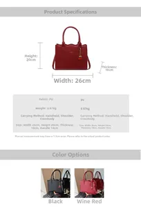 Detaillierte Größenparameter und Farbanzeige der roten und schwarzen PU-Handtaschen