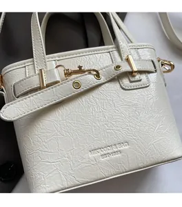 Detail of creamy white textured handbag featuring gold metal buckles and embossed branding