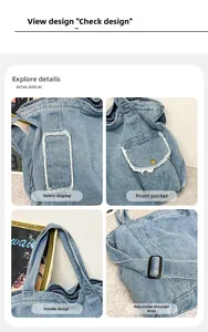 Détails d'un sac cabas en denim bleu montrant les bords effilochés et les anses