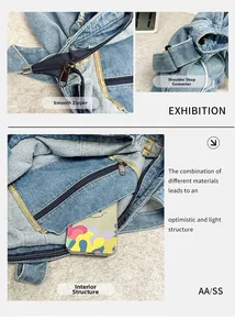 Détail de la fermeture éclair, anneaux métalliques et poche intérieure zippée du sac denim