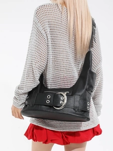 Retro punk black leather shoulder bag with crescent metal buckle and eyelet strap details
