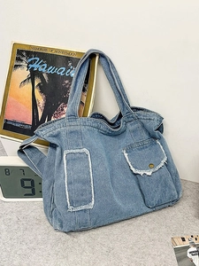 Sac Cabas en Denim de Grande Capacité pour Femmes Vintage Lavé Effiloché Sac à Épaule Décontracté Streetwear Sac d'École Travail