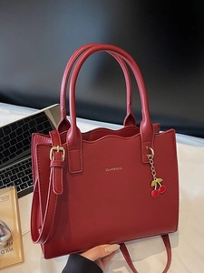 Elegant Women PU Leather Wave Edge Tote Bag With Cherry Pendant Solid Color Handbag Shoulder Bag For Wedding Daily Use