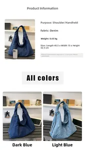 Detail view of large denim tote bag with metal zipper and spacious interior compartment