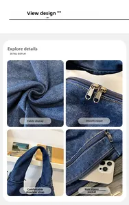 Heavyweight blue denim tote bag detail showing dual bronze zippers and side pocket