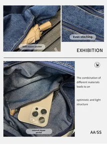 Detail of denim shoulder bag featuring side zipper pocket and inner compartment