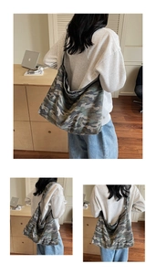 Close-up of large capacity camo hobo shoulder bag in durable washed canvas material
