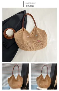 Detail showing khaki woven tote bag with colorful bow accents and leather handles