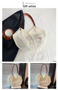 Close-up of cream woven tote bag with colorful bows and brown leather handles