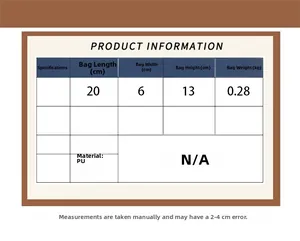 Size chart for the messenger bag showing dimensions 20x13x6cm and PU leather material detail