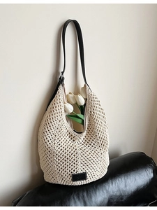 Sac Cabas en Paille Tissé à la Main pour Femmes Sac à Bandoulière Crochet Ajouré Grande Capacité Loisirs Plage Vacances
