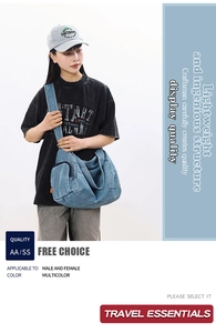 Detail of vintage washed blue denim crossbody bag featuring a wide strap and zip pocket
