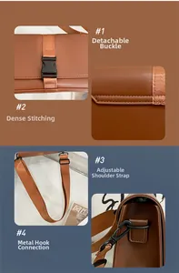 Detail view of messenger bag featuring adjustable strap, buckle and precision stitching