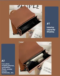 Detail showing internal storage capacity of the brown messenger bag with daily essentials
