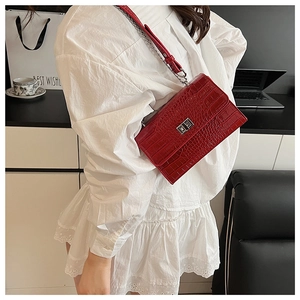Detail of red croc-effect leather crossbody bag with silver buckle and chain strap