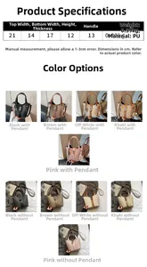 Size chart showing PU leather bucket bag dimensions: 21x17x12cm with 13cm handle