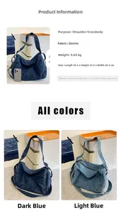 Detailed size specifications and material close-up for the denim messenger bag